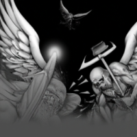 Warrior angel killing demons in hell realistic tattoo designs